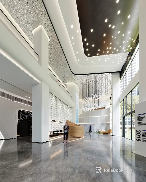 Modern Lobby Reception Desk With Elegant Lighting And Wall Design Interior 3d model 
