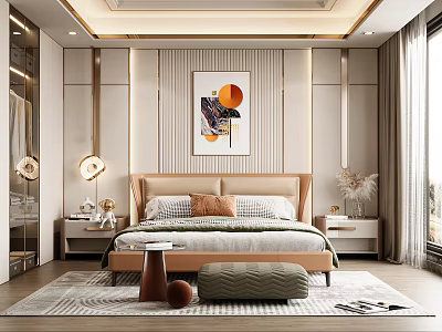 Modern Elegant Bedroom Interior Design With Upholstered Headboard Bedside Tables Decorative Painting And Area Rug 3d model