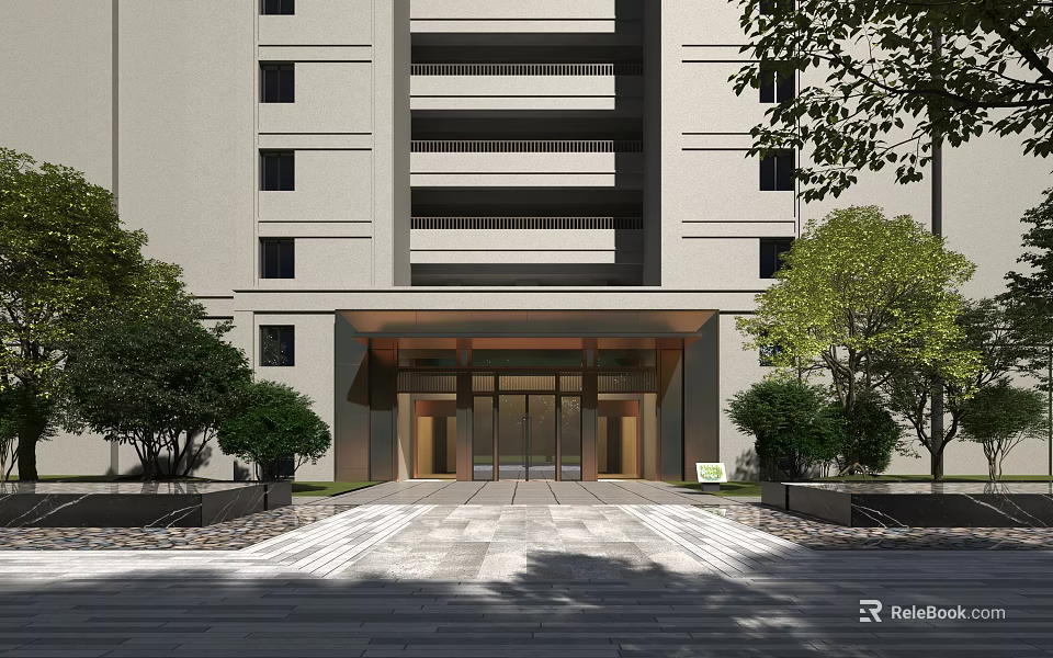 Modern Multi story Building Main Entrance With Green Plants and Stone Pavement Pathway 3d model 
