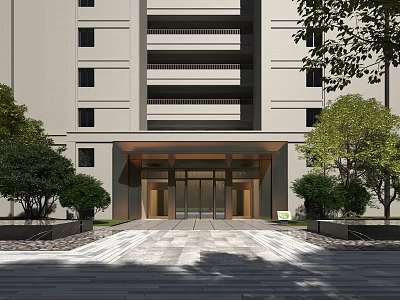 Modern Multi story Building Main Entrance With Green Plants and Stone Pavement Pathway 3d model
