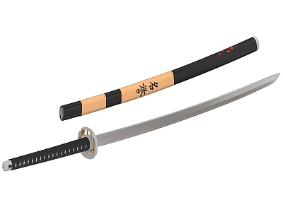 Traditional Japanese Katana Sword With Silver Blade Black Handle And Sheath With Characters 3d model
