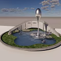 Garden Ornament Featuring Large Spoon Sculpture Circular Pond Green Grass And Stones
