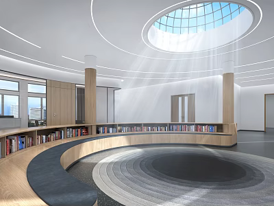 Cozy Lounge Area With Circular Bookshelves Skylight Natural Light And Rug 3d model