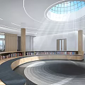 Cozy Lounge Area With Circular Bookshelves Skylight Natural Light And Rug