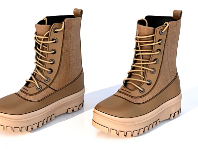 Brown High Top Work Boots With Thick Sole And Lace Up Design 3d model