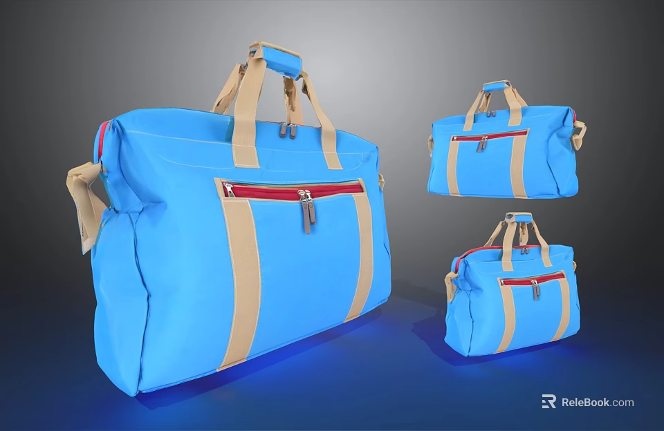 Blue Duffle Bags with Beige Straps Red Zipper Pocket and Various Sizes 3d model 