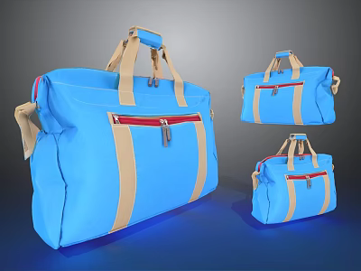 Blue Duffle Bags with Beige Straps Red Zipper Pocket and Various Sizes 3d model