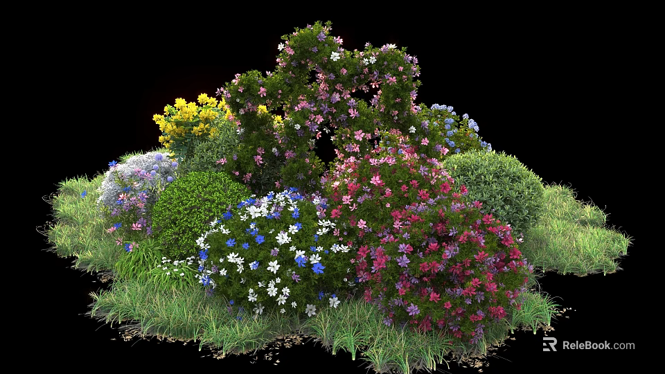 Colorful Flowering Shrubs With Yellow Pink Purple White And Blue Blooms In Garden Landscape 3d model 