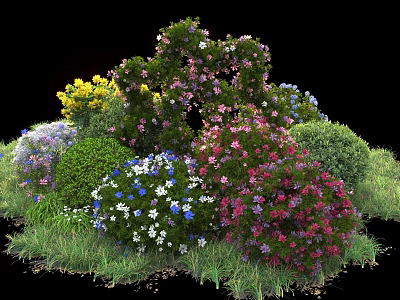 Colorful Flowering Shrubs With Yellow Pink Purple White And Blue Blooms In Garden Landscape 3d model