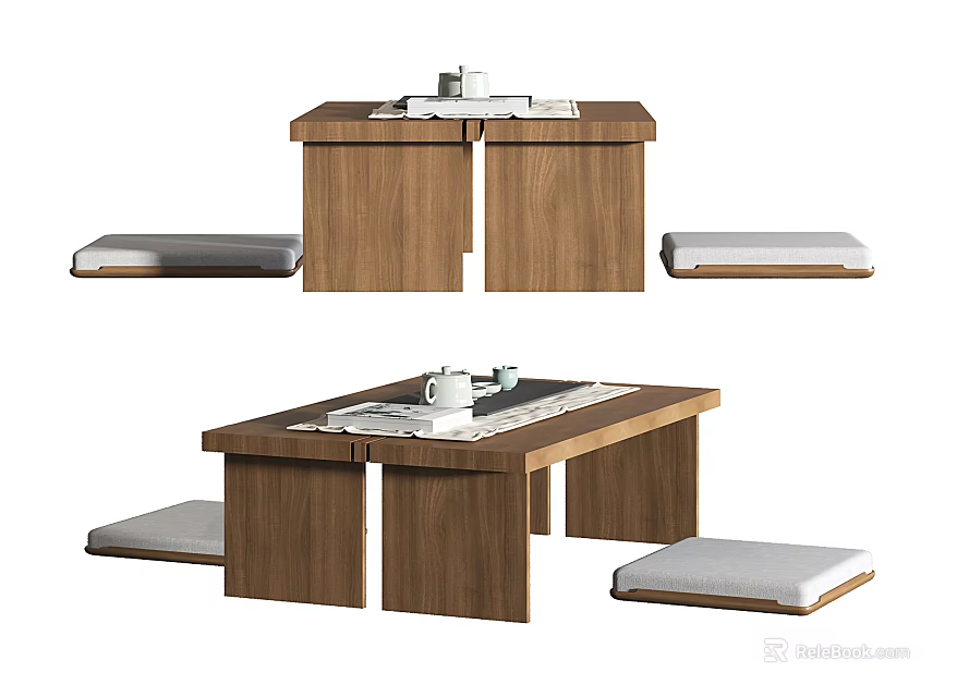Modern Wooden Tea Table Set With Comfortable Seating Cushions And Tea Set 3d model