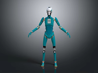 Futuristic Teal Humanoid Robot With White Head Silver Joints And Orange Feet 3d model
