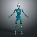 Futuristic Teal Humanoid Robot With White Head Silver Joints And Orange Feet