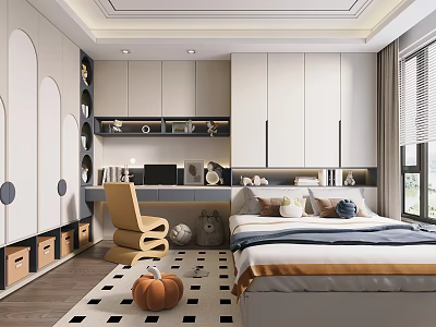 Kids Room Interior Design With White Gray Furniture Yellow Chair Desk Storage And Decor Items 3d model