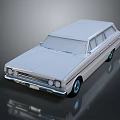 Vintage White Station Wagon Car With Blue Wheels On Dark Background