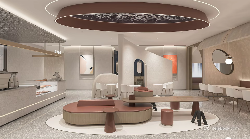 Modern Milk Tea Shop Interior With Cozy Seating Stylish Counter And Warm Lighting Design 3d model 