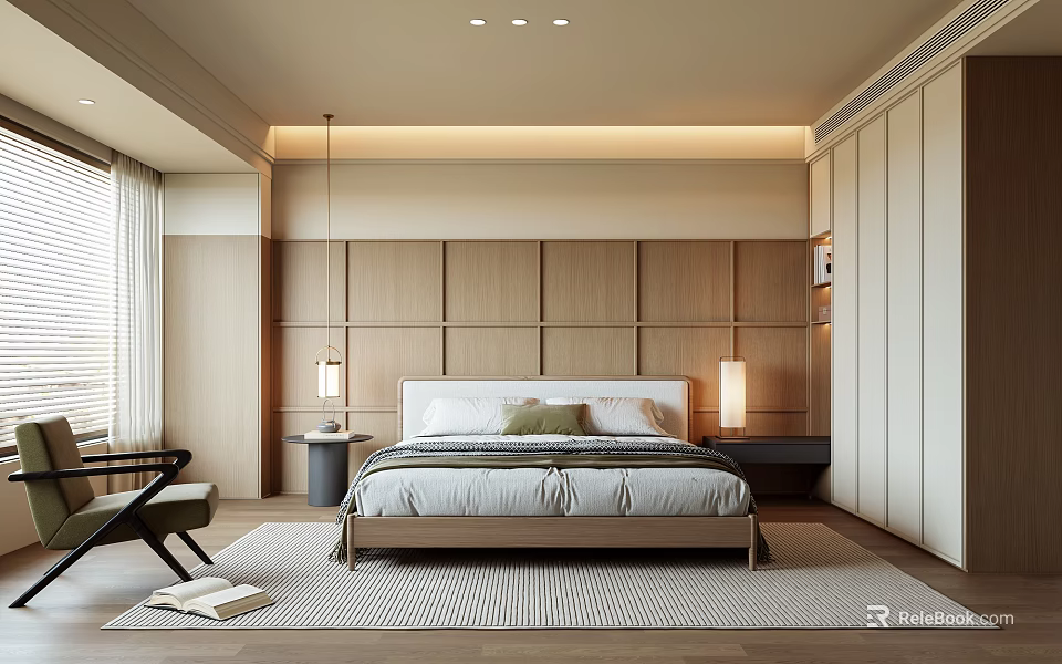 Modern Minimalist Bedroom Interior Design With Wooden Panel Headboard Bedside Tables And Table Lamps 3d model 