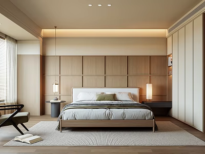 Modern Minimalist Bedroom Interior Design With Wooden Panel Headboard Bedside Tables And Table Lamps 3d model