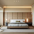 Modern Minimalist Bedroom Interior Design With Wooden Panel Headboard Bedside Tables And Table Lamps