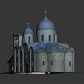 Traditional Church Building With Blue Domes White Walls Bell Tower And Arched Windows On Grass