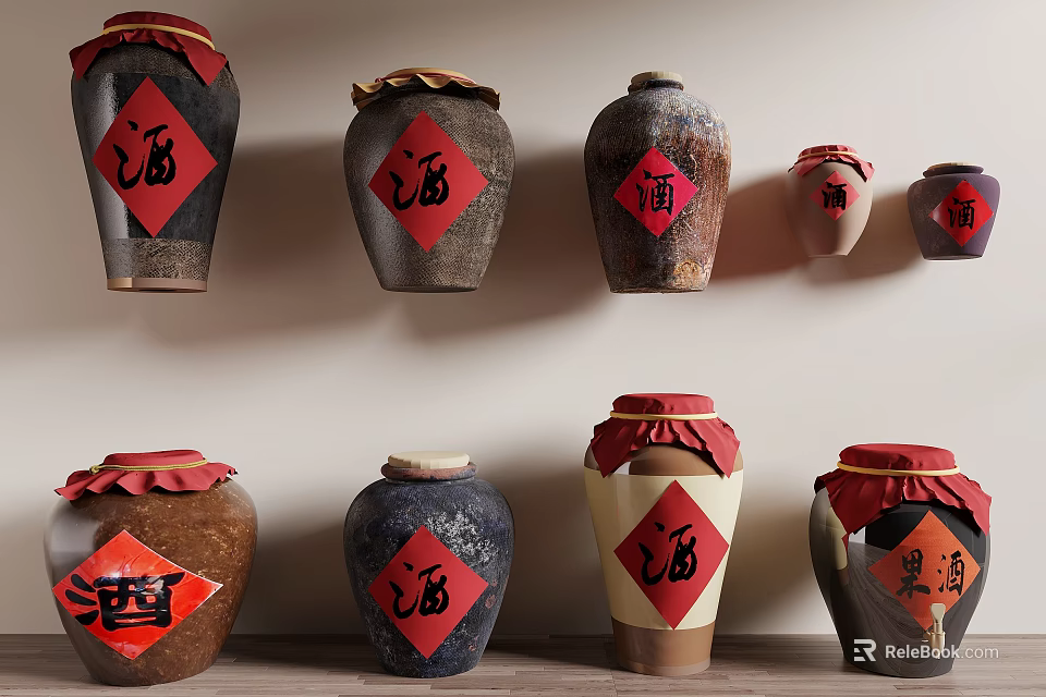 Traditional Ceramic Vessels With Red Wine Labels Displayed On Wall And Shelf 3d model 