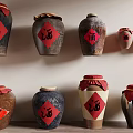 Traditional Ceramic Vessels With Red Wine Labels Displayed On Wall And Shelf