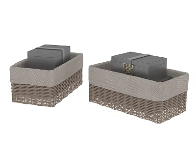 Two Woven Wicker Storage Baskets Containing Black Lidded Boxes for Home Organization 3d model