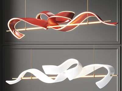 Red and White Curved Ribbon Shaped Modern Chandeliers with Illuminated Artistic Design 3d model