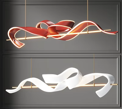 Red and White Curved Ribbon Shaped Modern Chandeliers with Illuminated Artistic Design 3d model