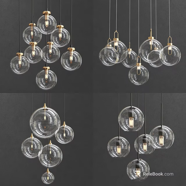 Modern Transparent Glass Spherical Pendant Lights With Gold Accents Hanging In Dark Background 3d model 
