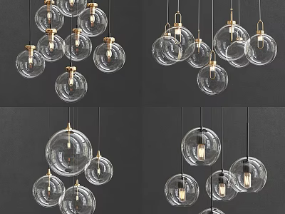 Modern Transparent Glass Spherical Pendant Lights With Gold Accents Hanging In Dark Background 3d model
