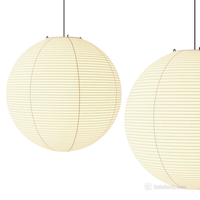 Two Beige Round Paper Lantern Pendant Lights With Striped Design Hanging 3d model 