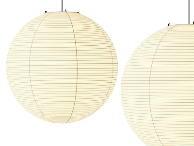Two Beige Round Paper Lantern Pendant Lights With Striped Design Hanging 3d model