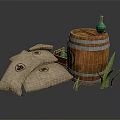 Vintage Household Supplies With Wooden Barrel Burlap Bags Green Bottle And Grass