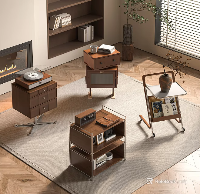 Stylish Side Tables with Wooden Drawers Metal Frame and Wheeled Cart Design for Living Room 3d model 