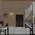Traditional Vintage Interior With Earthen Walls Bamboo Woven Items Old Wooden Cabinet And Canopy Bed