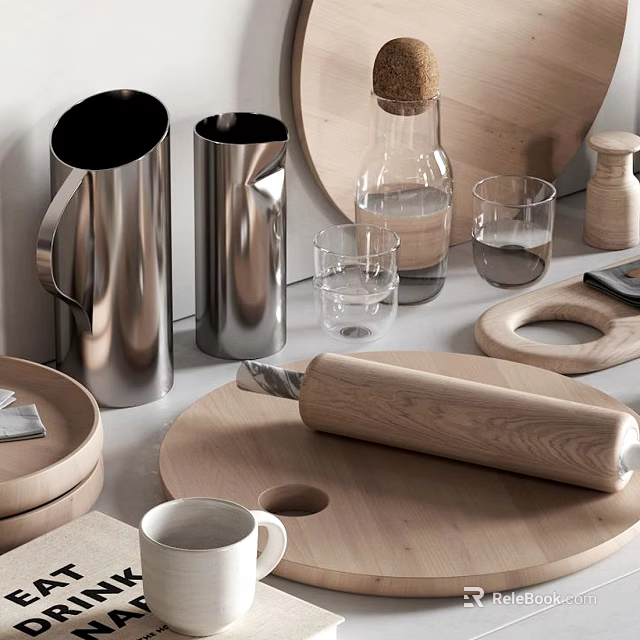 Modern Tableware Set With Stainless Steel Pitcher Glass Cups Wooden Chopping Board And Rolling Pin 3d model 
