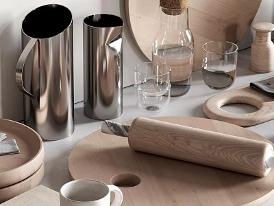 Modern Tableware Set With Stainless Steel Pitcher Glass Cups Wooden Chopping Board And Rolling Pin 3d model