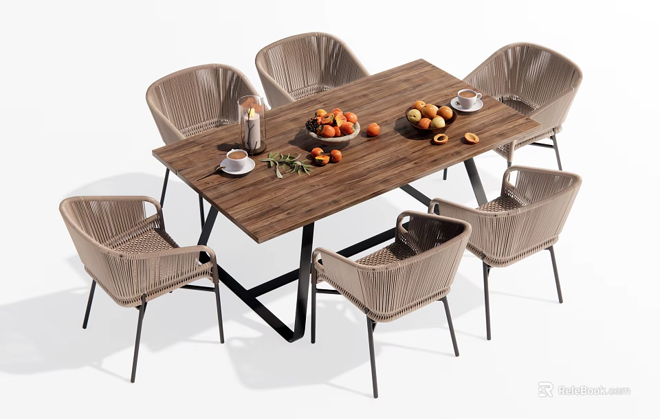 Modern Outdoor Wooden Table With Six Rattan Chairs Metal Legs Fresh Fruits Coffee Cups 3d model 