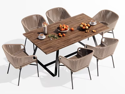 Modern Outdoor Wooden Table With Six Rattan Chairs Metal Legs Fresh Fruits Coffee Cups 3d model
