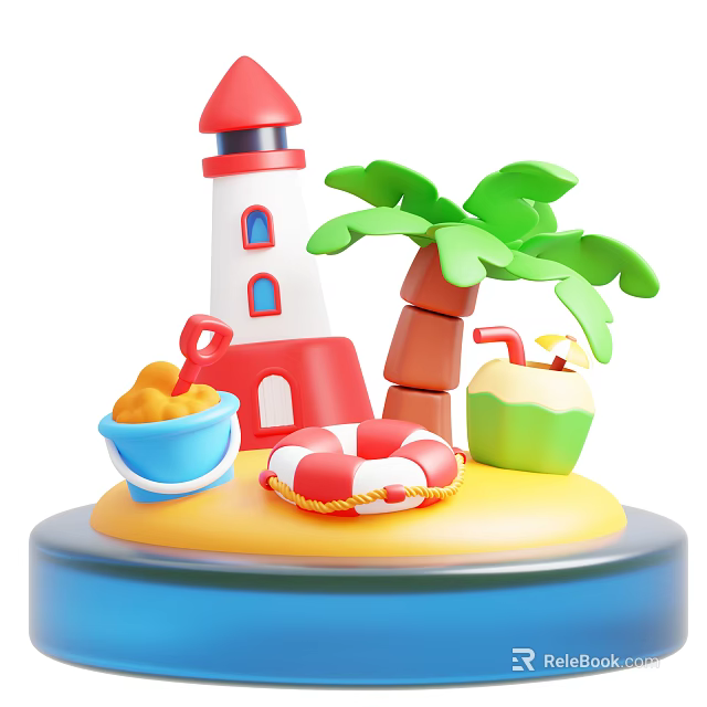 Beach Theme Decorative Ornament Set With Lighthouse Palm Tree Sand Bucket Lifebuoy And Coconut 3d model 