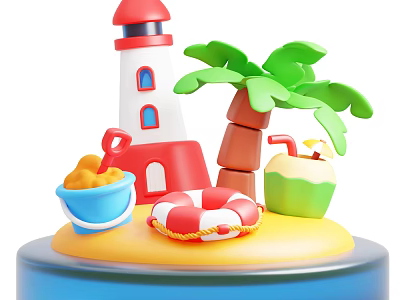 Beach Theme Decorative Ornament Set With Lighthouse Palm Tree Sand Bucket Lifebuoy And Coconut 3d model