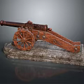 Rusted Ancient Cannon With Wooden Carriage Wheels On Stone Plinth