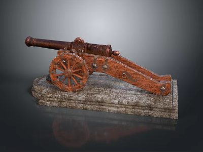 Rusted Ancient Cannon With Wooden Carriage Wheels On Stone Plinth 3d model