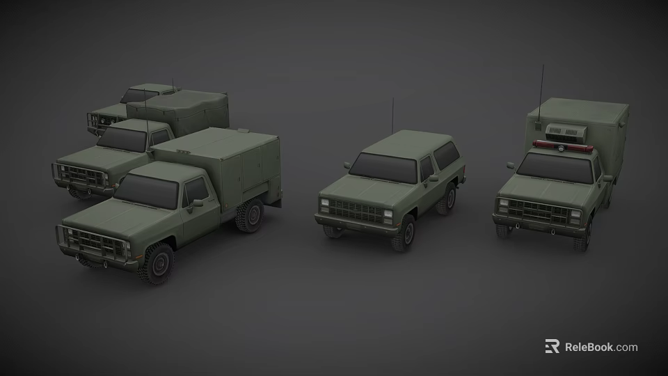 Multiple Green Military Vehicles Showcasing Various Models Like Trucks And SUVs 3d model