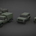 Multiple Green Military Vehicles Showcasing Various Models Like Trucks And SUVs 3d model