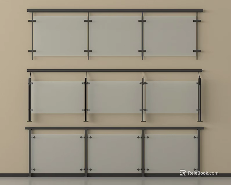 Modern Glass Panel Railings With Metal Frames Three Different Designs 3d model