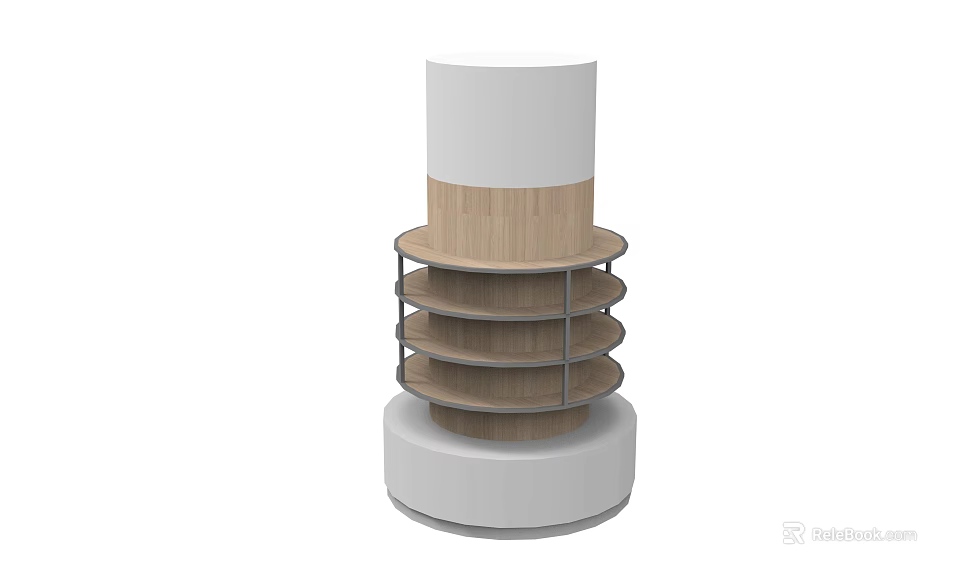 Cylindrical Multi layered Wooden Display Shelf with White Base and Top Storage Design 3d model
