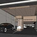 Modern Parking Garage Entrance With Luxury Car Glass Elevator And Green Plant