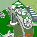 Modern Office Building With Circular Structures Tower Design And Green Space Water Features