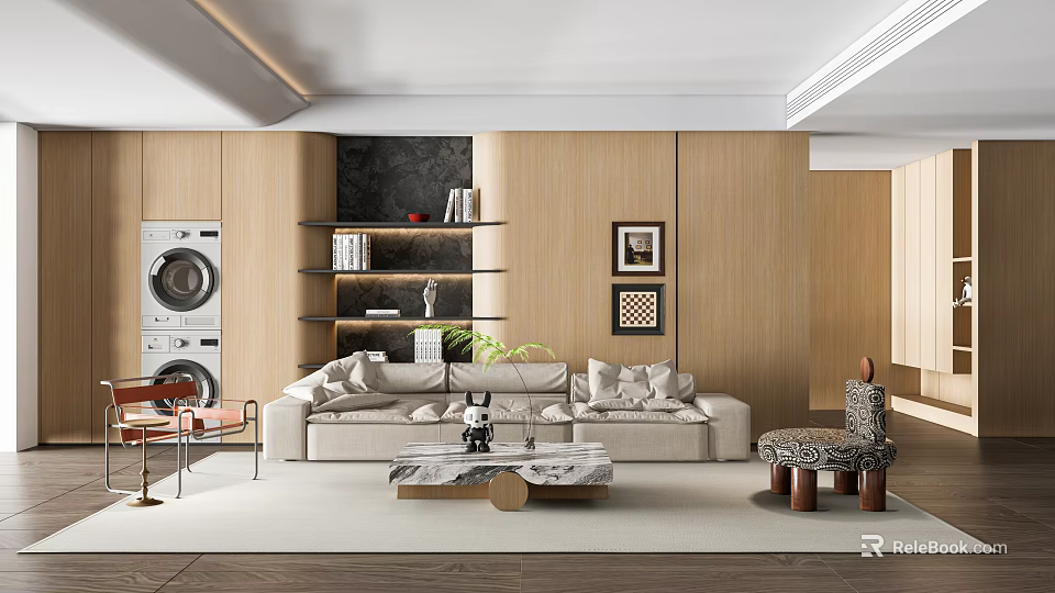 Modern Living Room Interior With Wooden Walls Beige Sofa Marble Coffee Table And Bookshelf 3d model 